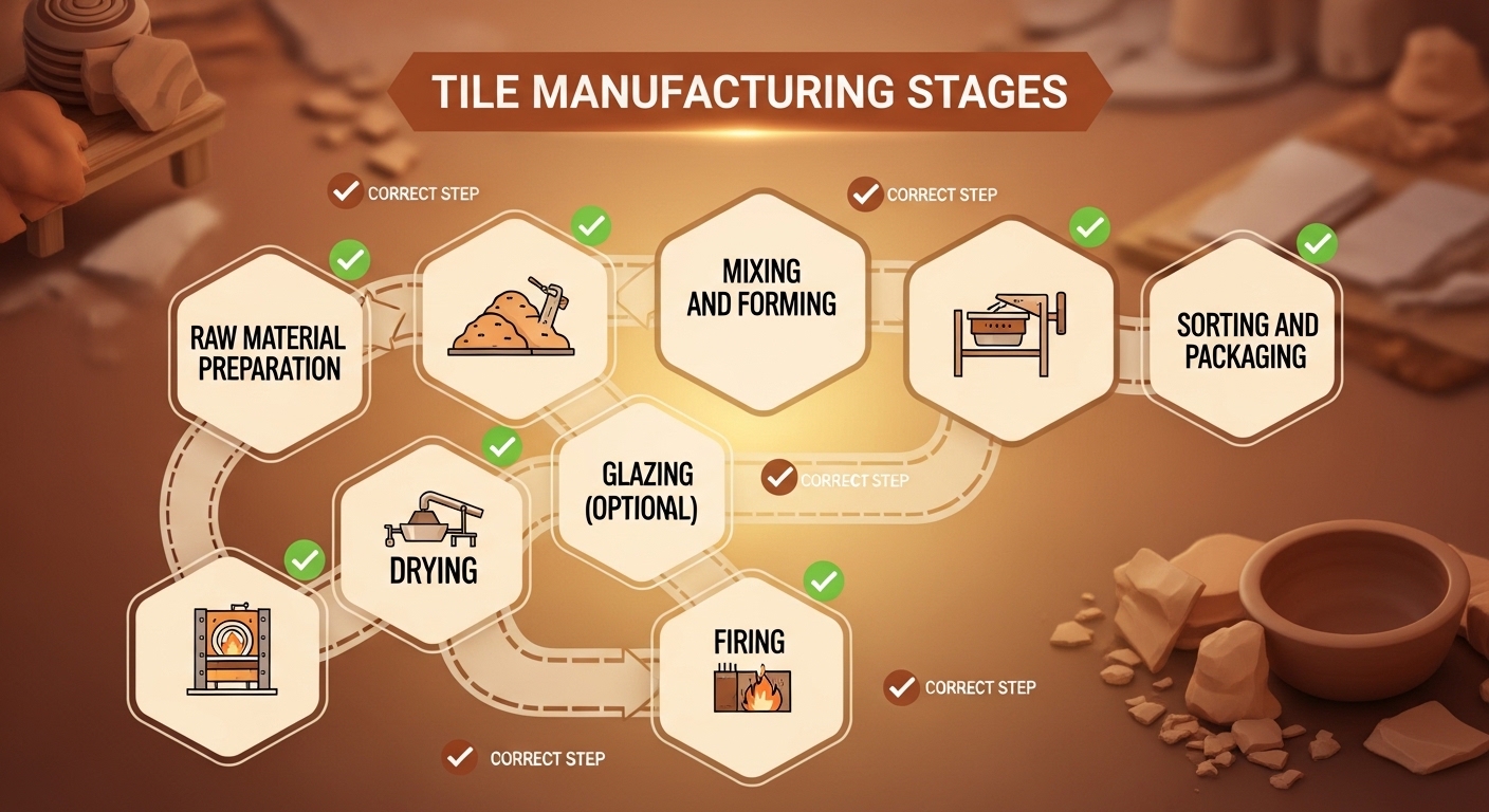 اختر الخطوات الصحيحة لمراحل تصنيع البلاط وفق النمط السليم
