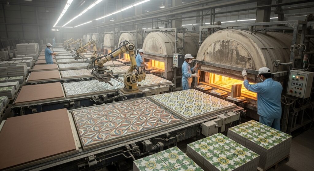 اختر الخطوات الصحيحة لمراحل تصنيع البلاط وفق النمط السليم